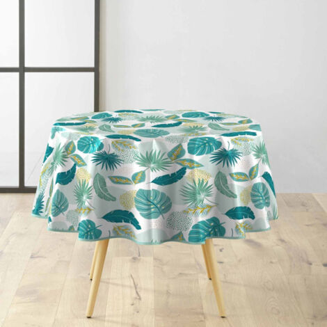 Paris Prix – Nappe ronde cirée imprimée végétale 160cm – Imperméable – Facile à nettoyer – Pour 6 à 8 couverts – Label Oeko-Tex – Bleu