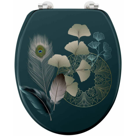 Paris Prix – Abattant WC imprimé ginkoblue 45cm – Vert foncé – MDF & métal – Charnières en métal pour installation facile (1/5)