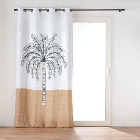Rideau à Œillets en Gaze de Coton "Oasia" 140x240cm Blanc & Camel (1/5)
