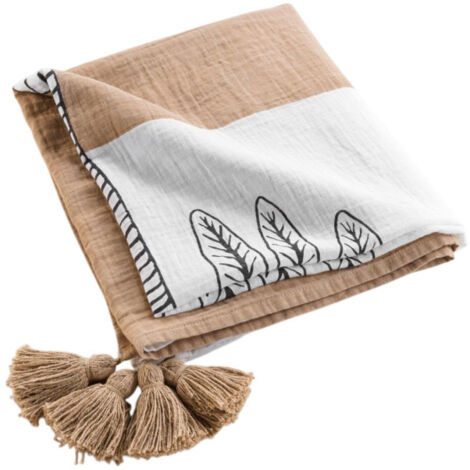 Plaid Imprimé en Gaze de Coton "Oasia" 125x150cm Blanc & Camel