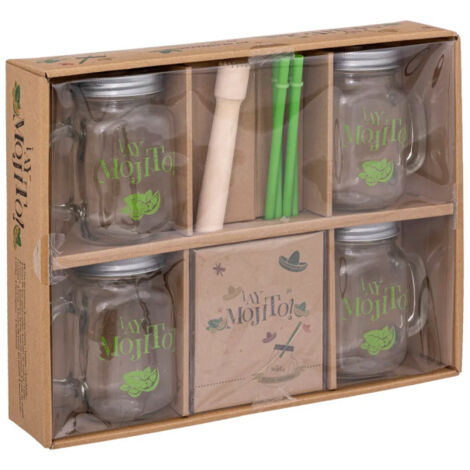 Coffret à cocktails 'Mojito' 35cm en verre transparent – Comprend pilon et paille pour cocktails – Capacité 50 cl – Secret De Gourmet