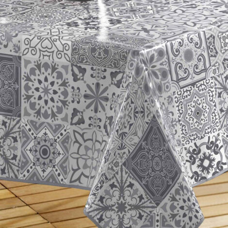 Nappe En Toile Cirée ANRO Lavable Ovale 220x140cm Motif Feuilles Grise - Intérieur Extérieur Jardin