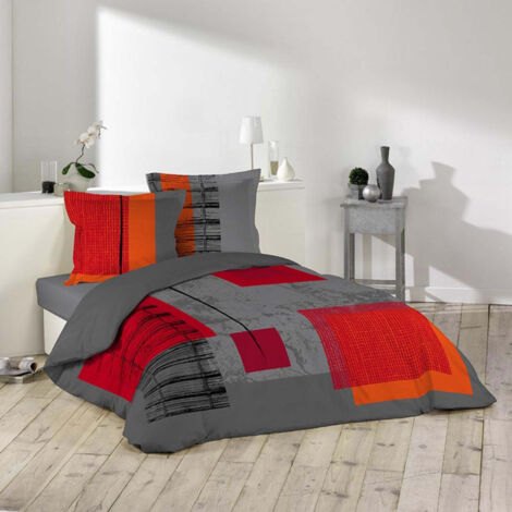 Parure de Lit 3 Pièces "Quadro" 240x220cm Gris & Rouge