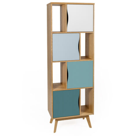 Bibliothèque Design "Avon" 191cm Naturel & Bleu (1/4)