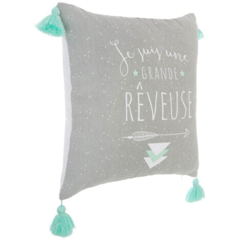 Coussin Déco "4 Pompons" 40x40cm Gris (1/4)