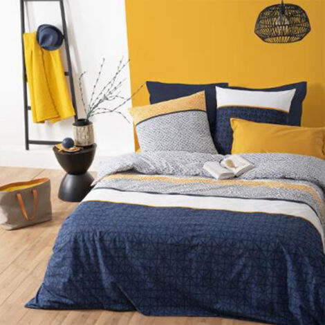 Atmosphera – Parure de lit 3 pièces scandinave 240x220cm bleu – Coton 57 fils/cm² – Repassage facile – Fermeture à boutons (1/2)