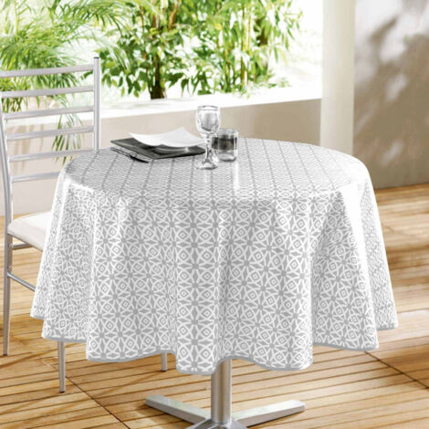 Nappe Ronde en Toile Cirée "Abaca" 160cm Gris & Blanc