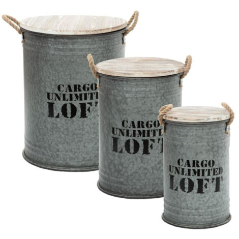 Lot de 3 Coffres Bidon Design "Loft" 51cm Gris (1/5)