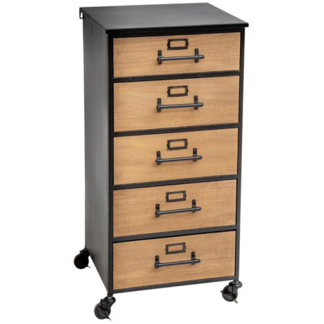 Atmosphera – Chiffonnier 5 tiroirs 42x42,8x87 cm noir – Fer, MDF & sapin – Sur roulettes pour un rangement optimisé – Design moderne (1/5)