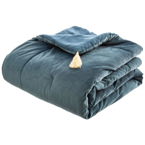 Atmosphera – Dessus de lit velours 80x180cm bleu – Design matelassé avec pompons – Polyester facile à entretenir – Élégant pour chambre