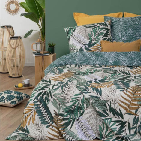 Atmosphera – Parure de lit imprimée 'Tropik' 240x220cm en coton – Motif tropical vert – Housse de couette et 2 taies d'oreiller incluses