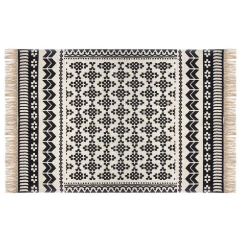 Atmosphera – Tapis déco à franges rectangulaire 120x170cm en coton noir et blanc – Design ethnique élégant – Facile d'entretien
