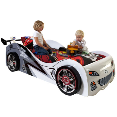Paris Prix – Lit enfant voiture 90x200cm blanc – Design ludique – Structure en bois – Sommier inclus – Pour enfants à partir de 3 ans (1/3)