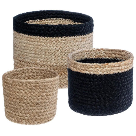 Atmosphera – Lot de 3 paniers en jute végétal 18cm – Ronds noir et naturel – Rangement décoratif pour maison – Faciles à entretenir
