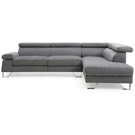 Paris Prix – Canapé d'angle droit 5 places 260cm en velours gris – Structure en bois massif – Têtières et accoudoir relevables – Tendance moderne (1/5)