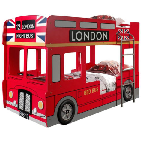 Lit Superposé Enfant Bus "Londres" 90x200cm Rouge (1/3)