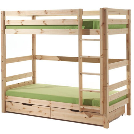 Lit Superposé Haut & 2 Tiroirs de Lit Enfant "Pino" 90x200cm Naturel (1/2)