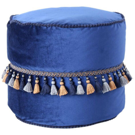 Pouf Déco à Pompons "Taj Mahal" 45cm Bleu (1/2)