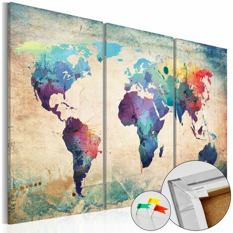 Tableau en liège carte du monde : folie colorée - 90 x 60 cm
