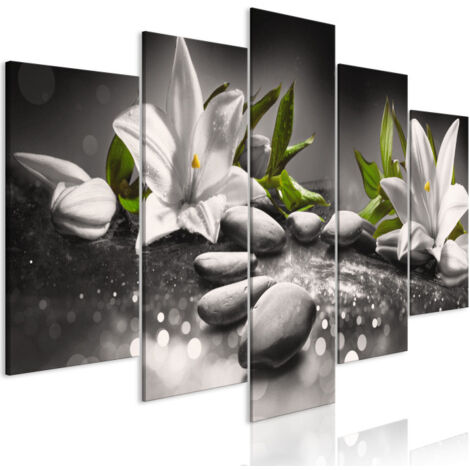 Tableau 5 Panneaux "Lilies & Stones Wide Grey" 50 x 100 cm (1/2)
