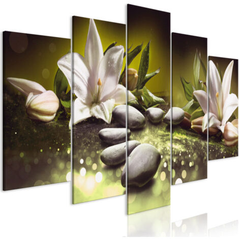 Tableau 5 Panneaux "Lilies & Stones Wide Green" 50 x 100 cm (1/2)