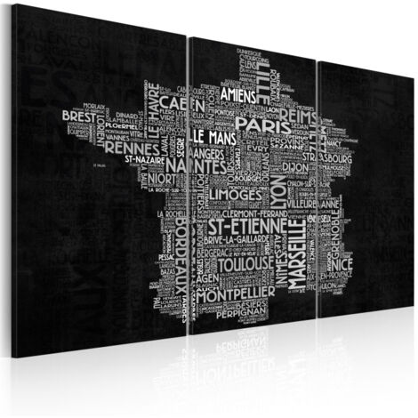 Tableau 3 Panneaux "Text Map of France on the Black Background" 60 x 90 cm (1/2)