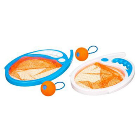 Intex – Jeu filet attrape balles 28cm – Lot de 2 raquettes et 2 balles – Couleurs orange et bleu – Pour jeux de piscine interactifs