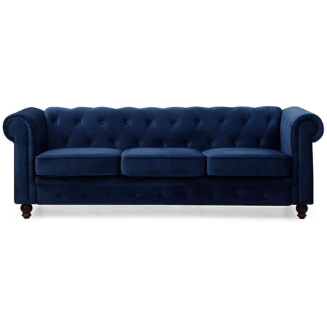Canapé 3 Places Velours "Chesterfield" 209cm Bleu