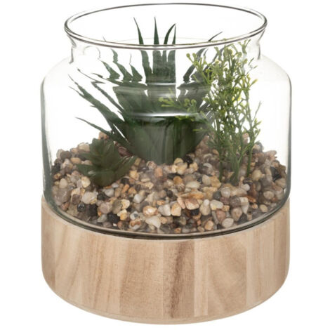 Atmosphera – Terrarium en verre et bois 17cm – Transparent – Design élégant pour plantes – Base en bois Paulownia – Facilité d'entretien