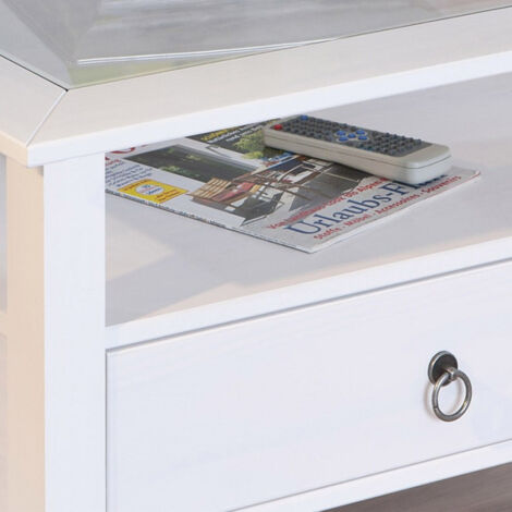 Table basse en pin massif ciré avec rangements coloris naturel/blanc