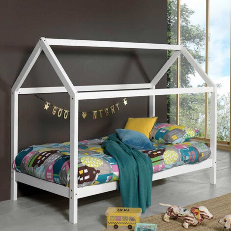 Pack - Lit Cabane Enfant & Matelas "Dallas" 90x200cm Blanc (1/5)