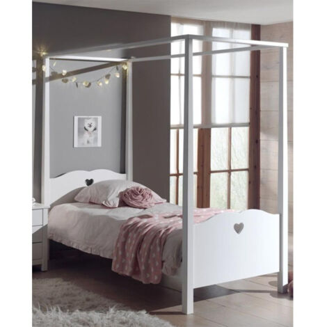 Pack - Lit à Baldaquin Enfant & Sommier "Amori" 90x200cm Blanc (1/3)