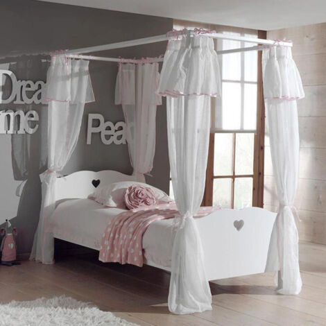 Pack - Lit à Baldaquin Enfant, Sommier & Voile "Amori" 90x200cm Blanc (1/4)