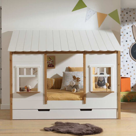Pack - Lit Cabane Enfant & Tiroir "Housebed IV" 90x200cm Blanc