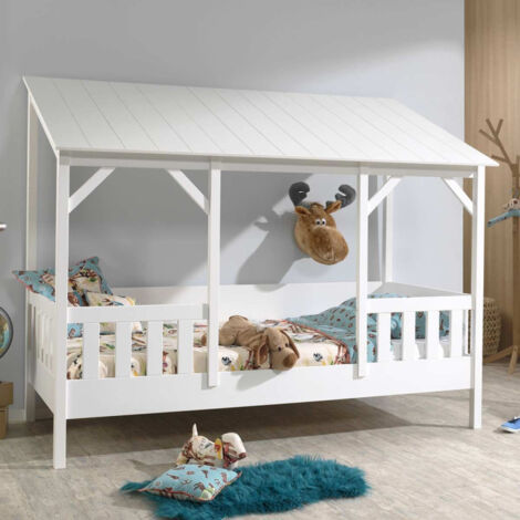 Pack - Lit Cabane Enfant, Sommier & Matelas "Housebed III" 90x200cm Blanc (1/5)