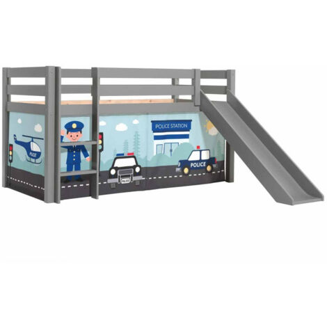 Lit Enfant Surélevé Avec Toboggan "Pino Police" 90x200cm Gris (1/2)