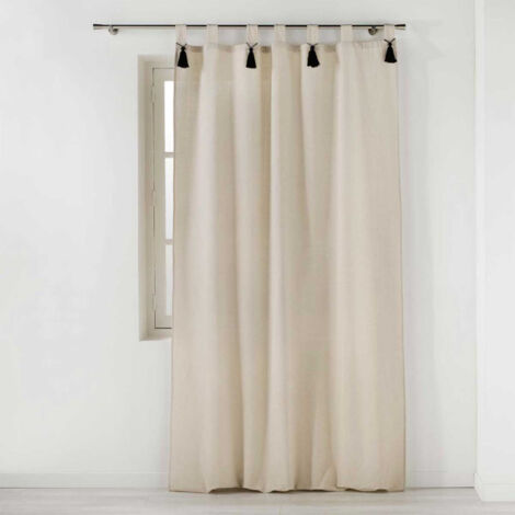 Paris Prix – Rideau à passants 140x240cm naturel – Design uni avec pompons – 52% polyester, 36% coton, 5% viscose, 4% polyamide