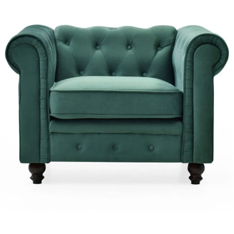 Fauteuil Design Velours "Chesterfield" 111cm Vert (1/4)