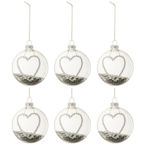 Lot de 6 Boules de Noël "Cœur Strass" 8cm Argent (1/2)