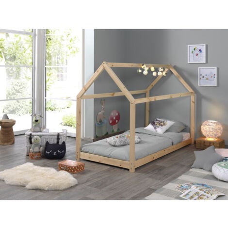 Lit Enfant & Matelas "Cabane" 90x200cm Naturel