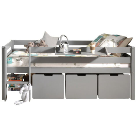 Pack - Lit Enfant Surélevé, 3 Tiroirs & Étagère "Pino" Gris (1/5)