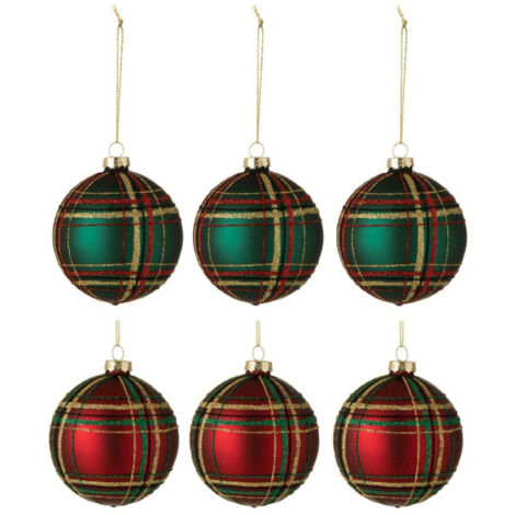 Lot de 6 Boules de Noël "Quadrillé" 8cm Vert & Rouge (1/3)