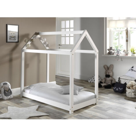 Lit Enfant & Matelas "Cabane" 70x140cm Blanc