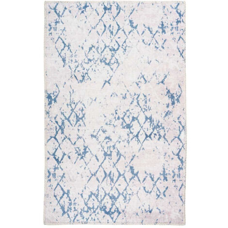 Tapis Tissé Imprimé Vintage "Peron IV" Blanc & Bleu 80 x 150 cm (1/4)