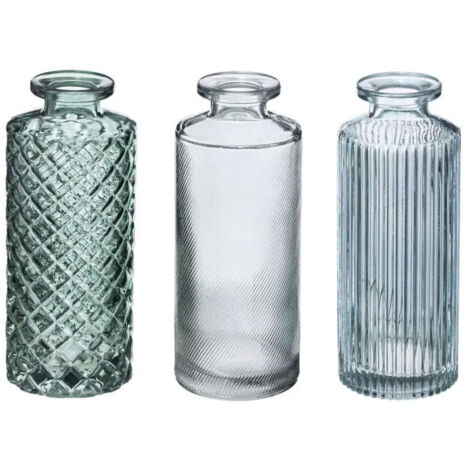 Atmosphera – Lot de 3 soliflores en verre strié 13cm – Couleur verte – Forme ronde – Compatible avec petites fleurs et herbes