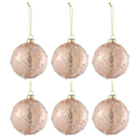 Lot de 6 Boules de Noël "Givre Paillettes" 8cm Rose Clair (1/2)