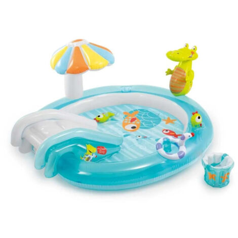Intex – Aire de jeux gonflable alligator 203cm – Vinyle & PVC – Toboggan, ombrelle, canard inclus – Pour enfants 2 ans et +