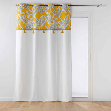 Paris Prix – Rideau à œillets 140x240cm jaune – Motif imprimé avec pompons – 100% coton pour décoration intérieure – Style moderne