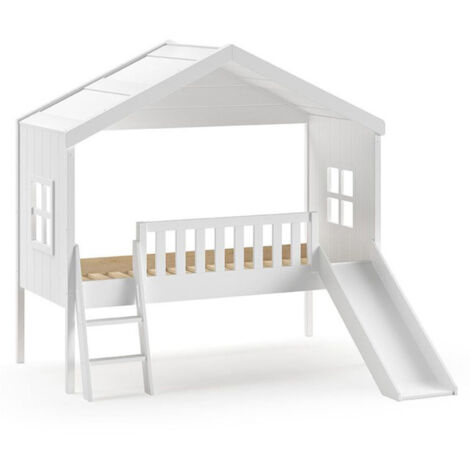 Paris Prix – Lit cabane enfant avec toboggan 90x200cm – Pin massif et MDF – Échelle incluse – Barrière de sécurité – Design scandinave blanc