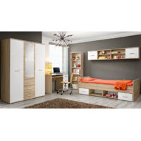 Paris Prix – Chambre d'enfant complète 4 pièces – Lit 204x96x64cm, armoire 135x55x191cm, bibliothèque 59x25x175cm – Chêne Sonoma et blanc